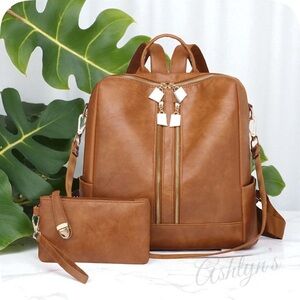 Tan Versatile Backpack with Pouch-Wallet Set-Satchel-Purse-Shoulder Bag